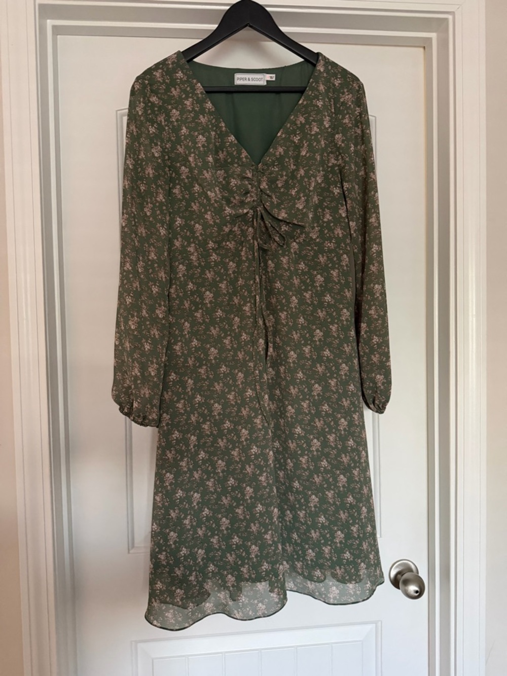 Piper & Scoot Olive Green Floral Tie-Front Long Sleeve Dress